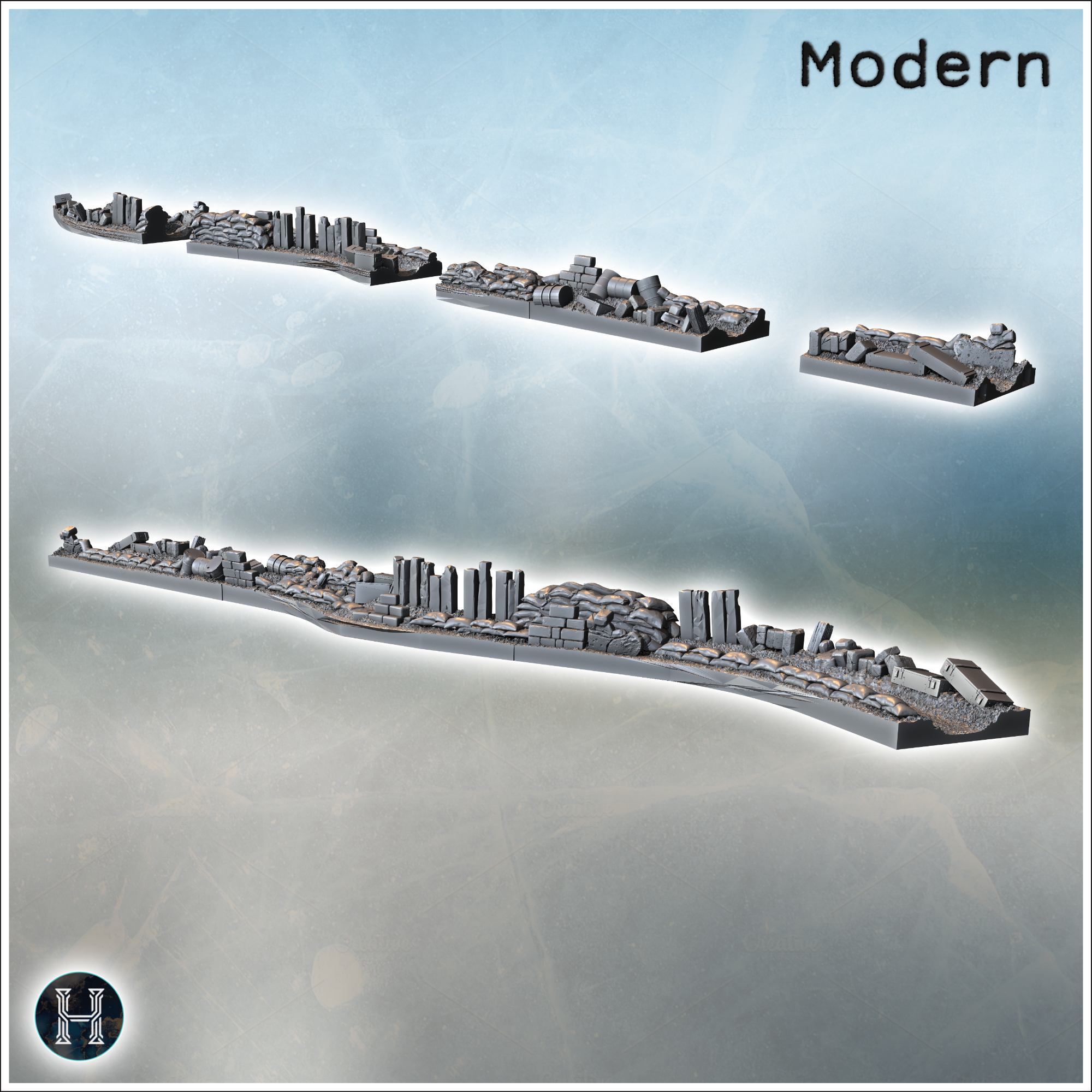Barrier made of sandbags, barrels, and debris arranged along a defensive line (2) - Modern WW2 WW1 World War Diaroma Wargaming RPG Mini Hobby